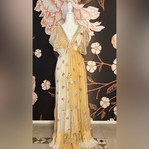 Palak Regal Embroidered Two-Tone Cream & Golden Peach Maxi Dress with Tassel Tie